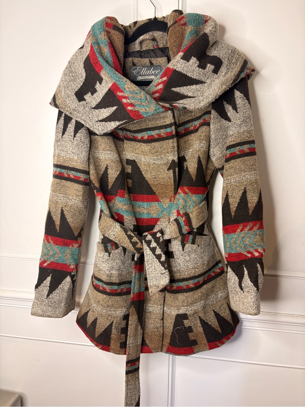 Aztec Wrap-Belt Hooded Coat - Multicolor